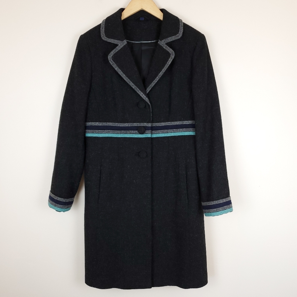 Boden Black Trench Coat with Gray and Blue Accents
